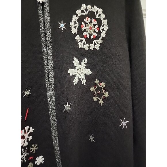 ALLISON DALEY Black Embroidered Snowflakes Sweater Cardigan Beaded Size L Petite - Picture 3 of 7